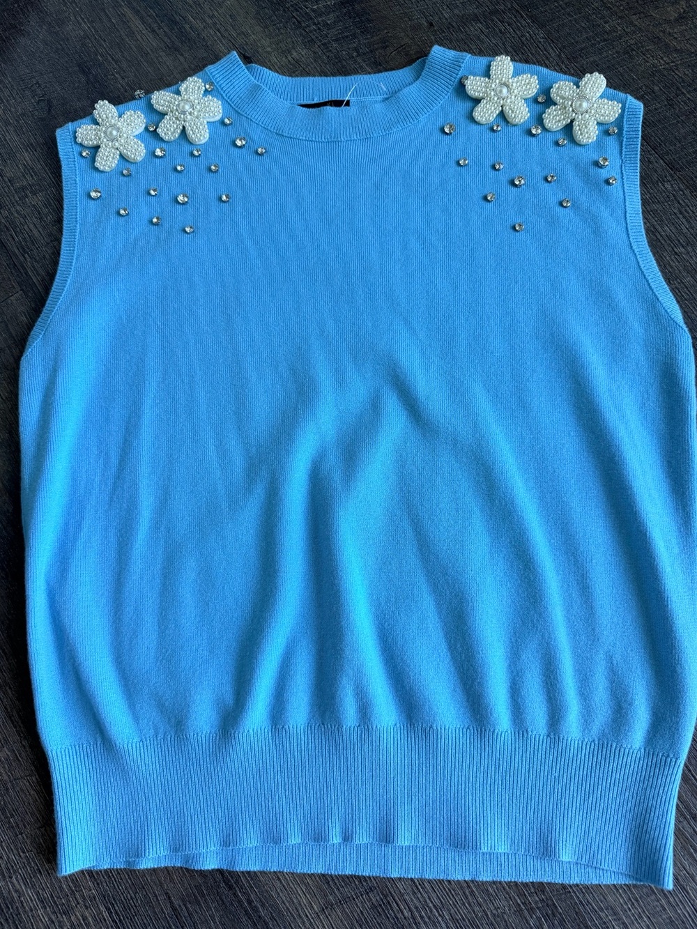 Blue Sleeveless Knit Top with Pearl Flower Embellishments